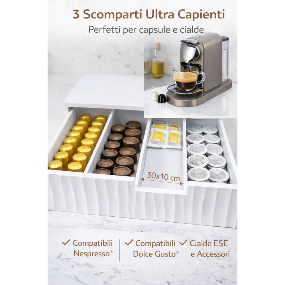 Cecaro Group Porta Capsule Caffè Bambù Bianco 30x30x10 cm 3 Scomparti