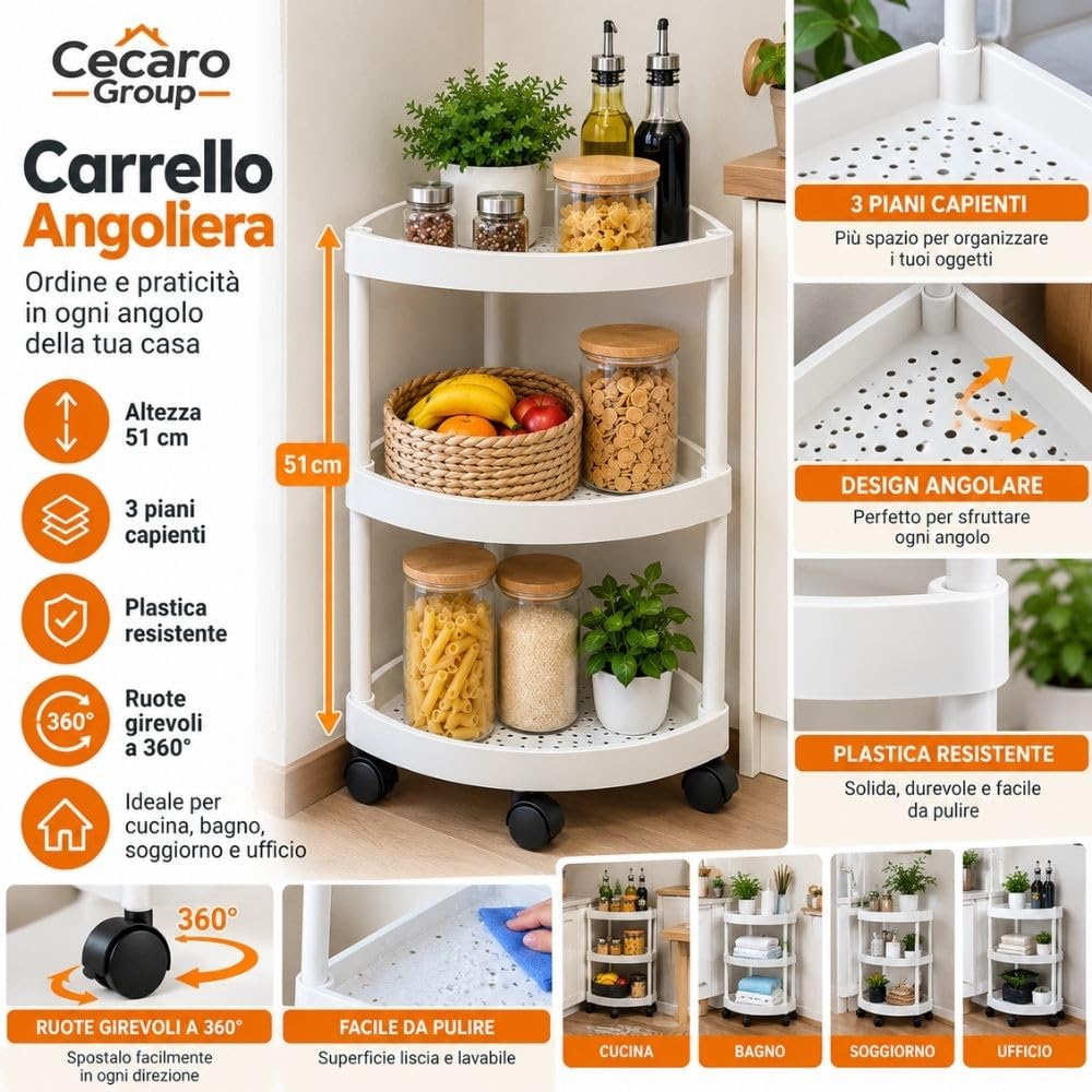 Cecaro Group carrello angoliera bianco 3 ripiani con ruote