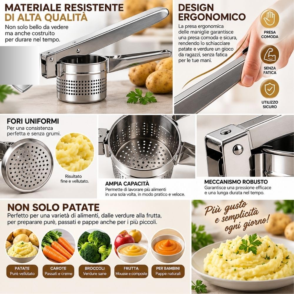Cecaro Group Schiacciapatate Acciaio Inox Manici Ergonomici