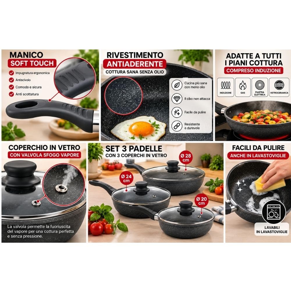 Cecaro Group set 3 padelle antiaderenti 20 24 28 cm nero