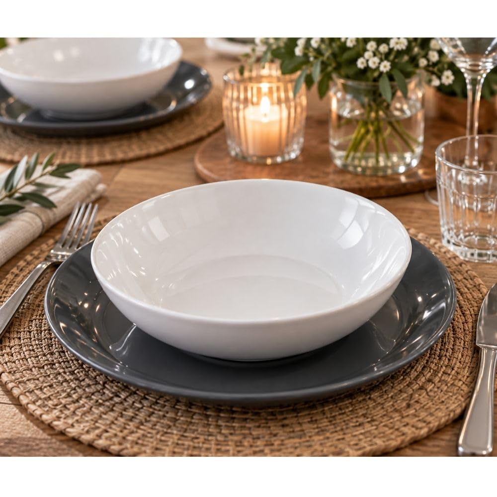 Cecaro Group servizio piatti ceramica 12 pezzi bianco e grigio