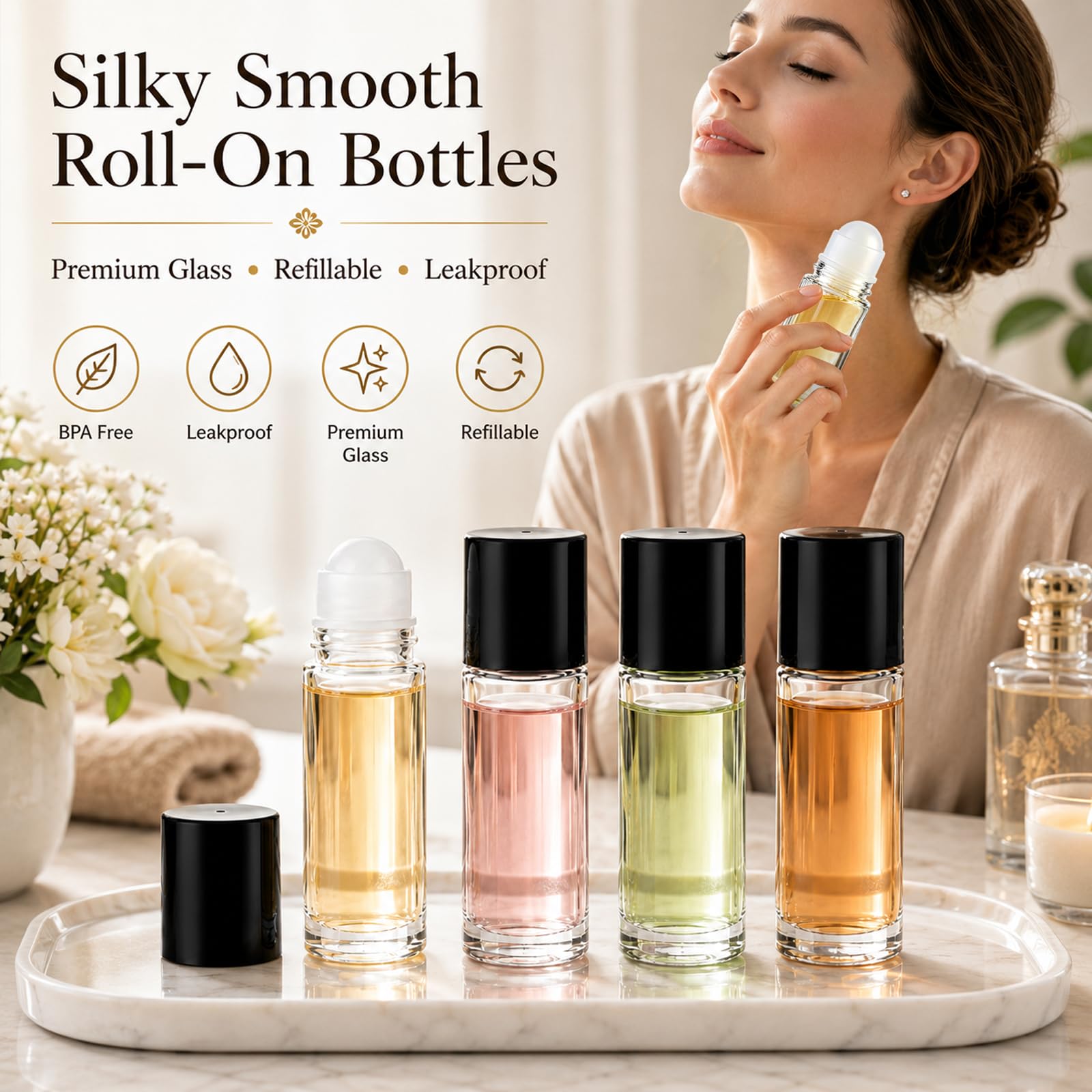 Quelcc bottiglie roll-on vetro 50 ml set 4 pezzi pipette