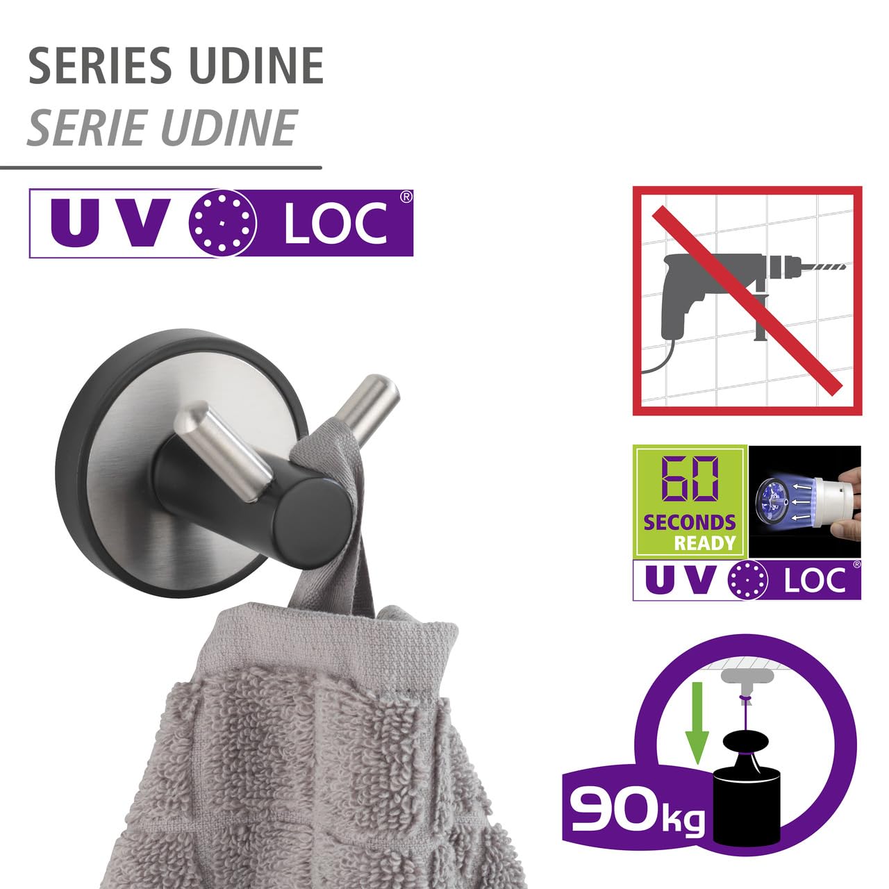 Wenko Udine UV-Loc Duo Gancio Doppio Nero Acciaio