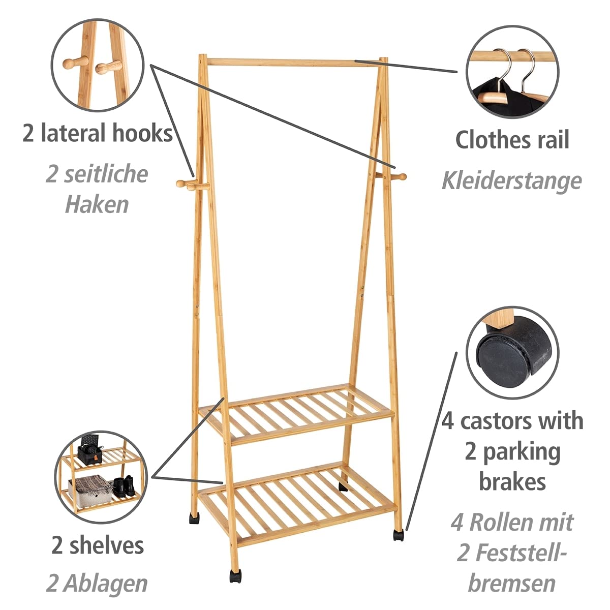 Wenko Honolulu appendiabiti bambu con rotelle 76 cm