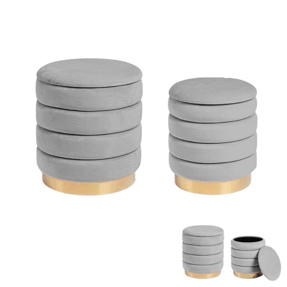 Cecaro Group Set 2 Pouf Contenitore Grigio Chiaro Velluto