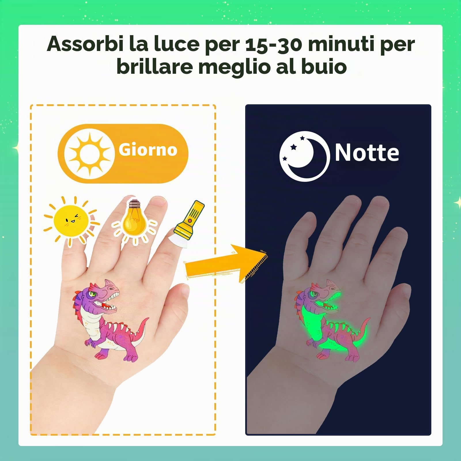 Quelcc Tatuaggi Temporanei Bambini Luminosi 30 Fogli 380 Pezzi