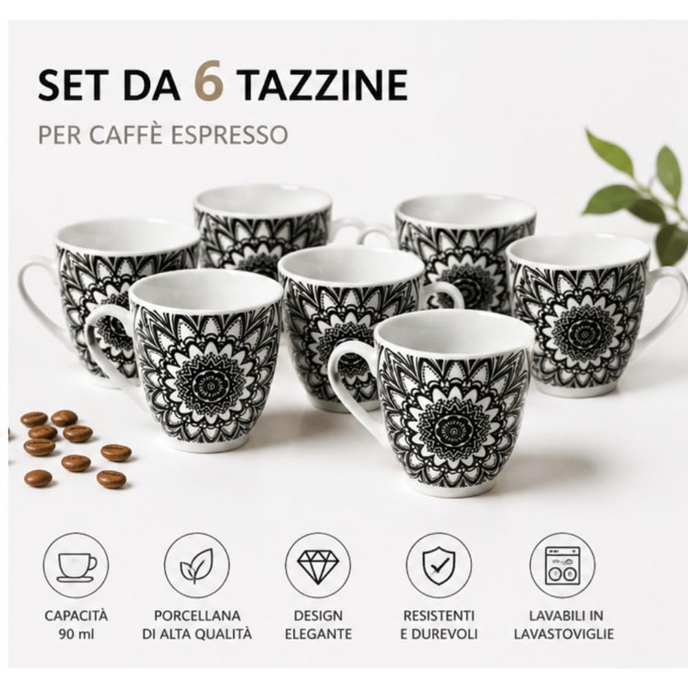 Cecaro Group tazzine caffè porcellana 90 ml set 6 decoro nero
