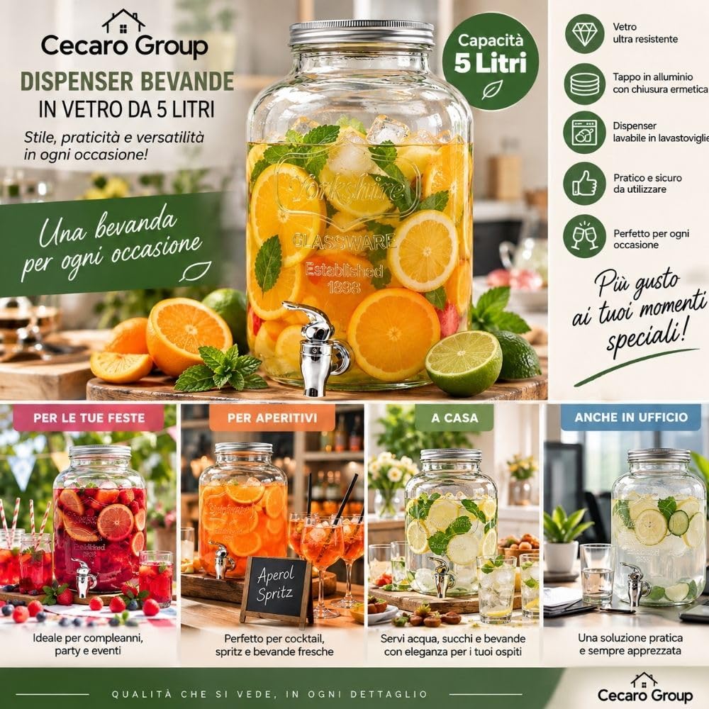 Cecaro Group dispenser bevande in vetro 5 litri con rubinetto