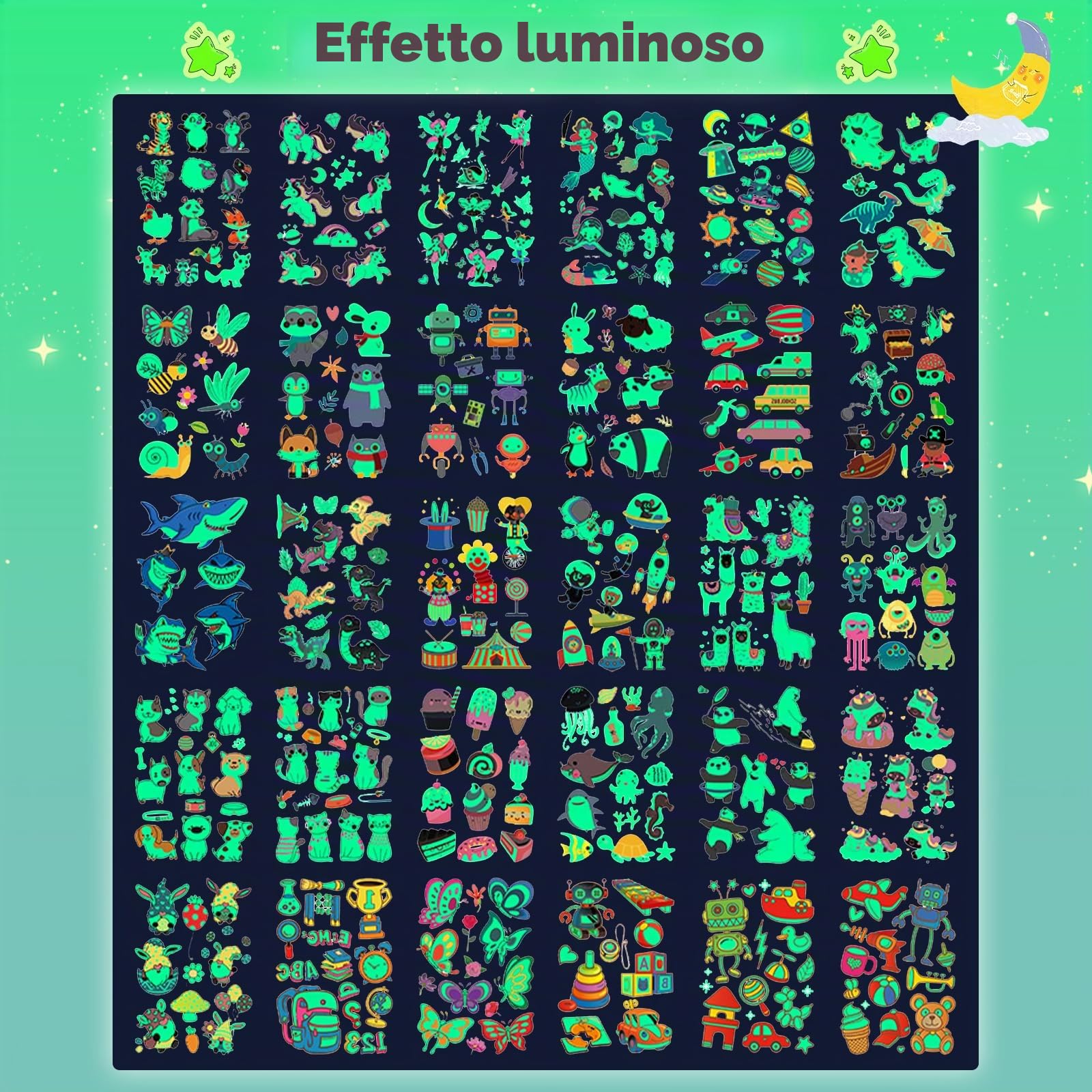 Quelcc Tatuaggi Temporanei Bambini Luminosi 30 Fogli 380 Pezzi