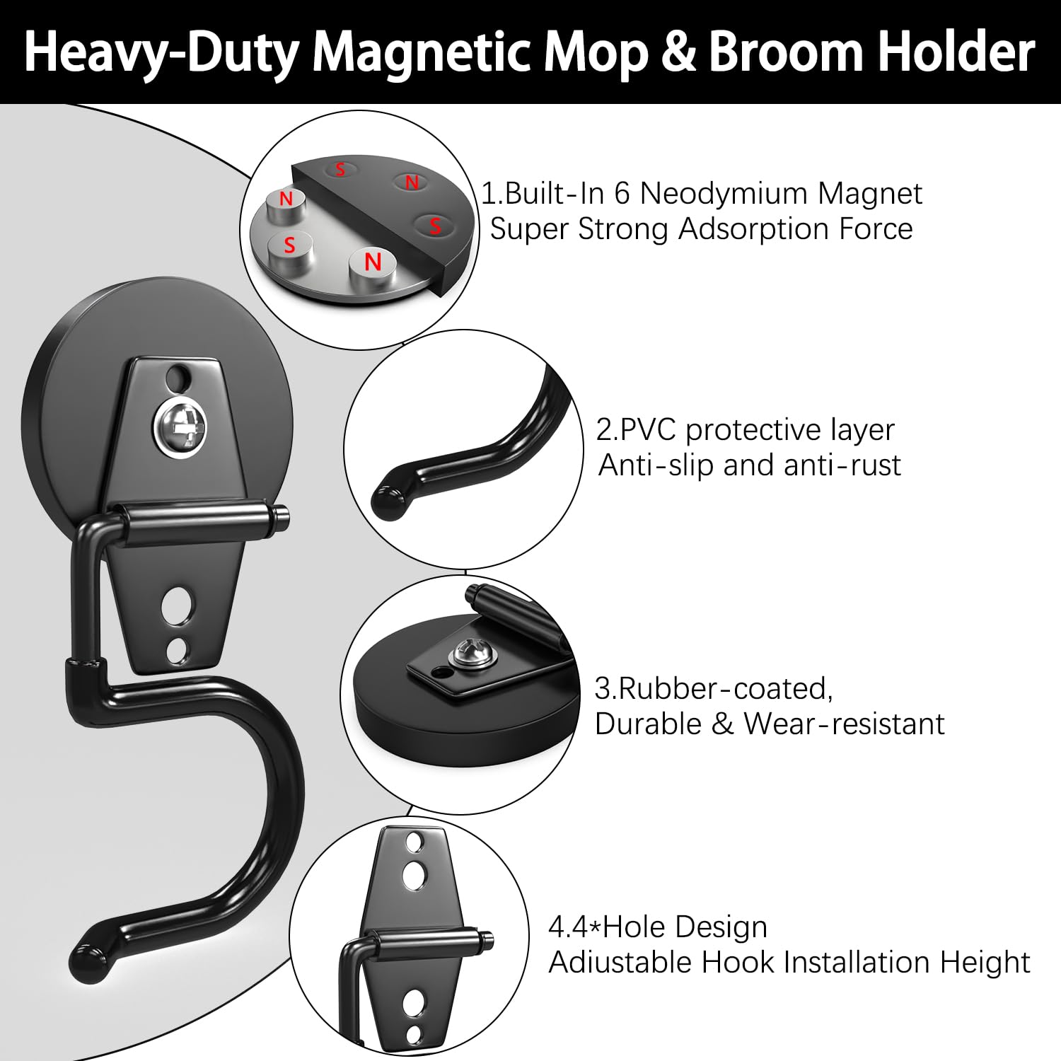 3-H Supporto Magnetico Scopa e Mocio Nero 4 Pezzi Metallo