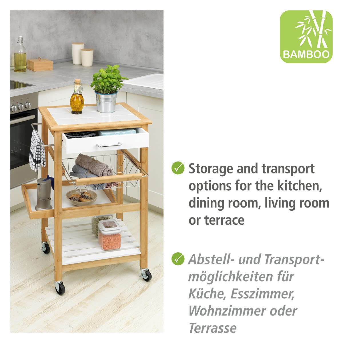Wenko Finja Carrello Bambù Bianco Multiuso da Cucina e Bagno