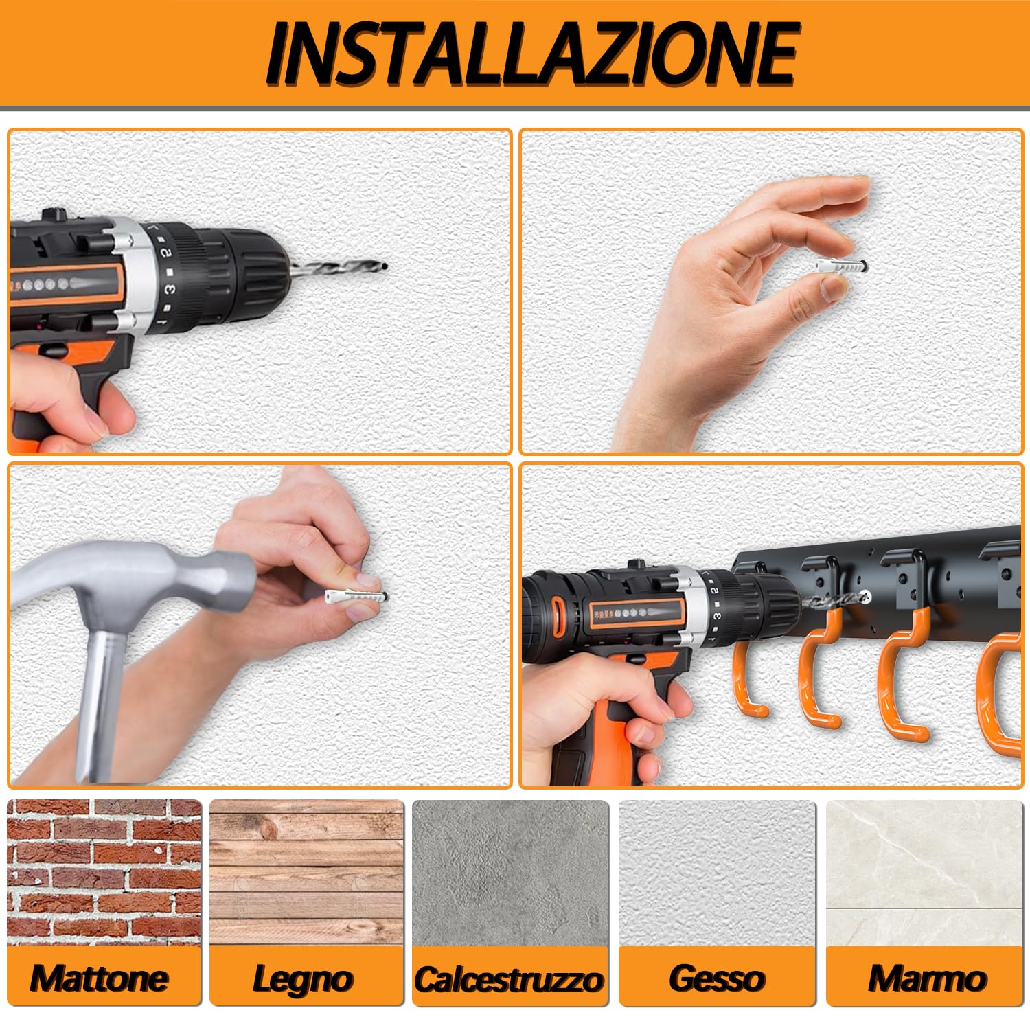 3-H porta attrezzi parete 4 pezzi 168 cm acciaio 16 ganci