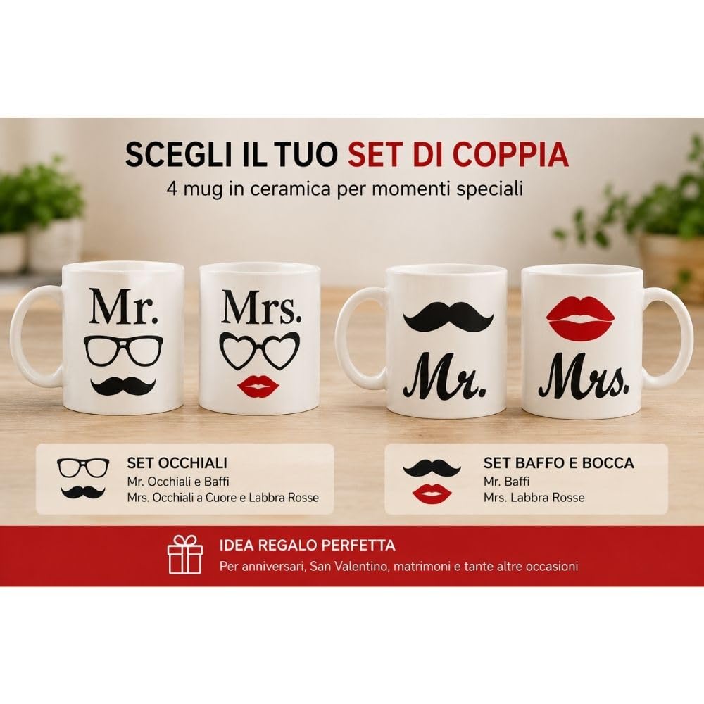 Cecaro Group Set 2 Mug Mr Mrs 325 ml Ceramica Baffo Bocca