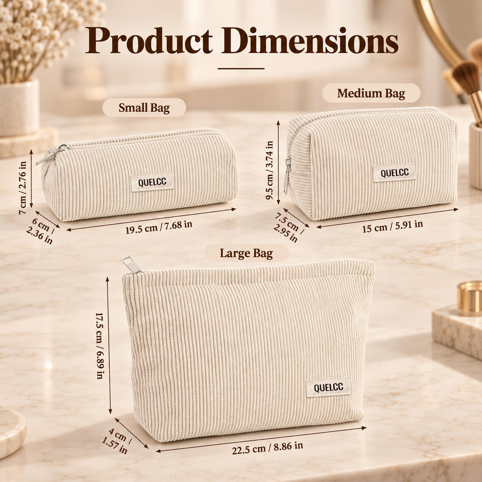 Quelcc Beauty Case Donna 3 Pezzi Beige con Cerniera
