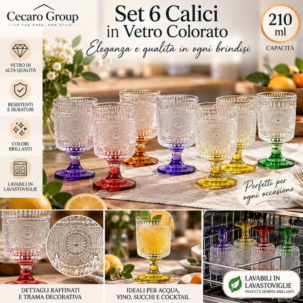 Cecaro Group Set 6 Calici Colorati 210 ml in vetro con gambo
