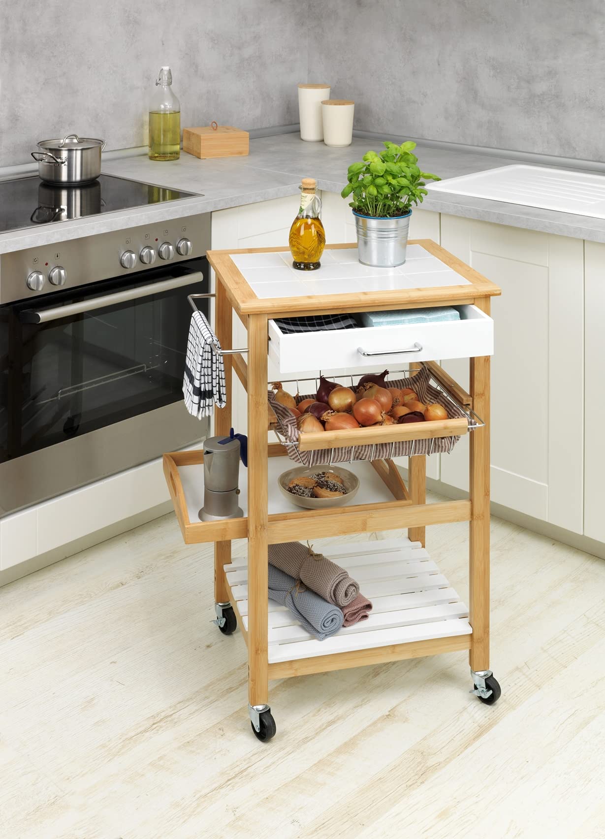 Wenko Finja Carrello Bambù Bianco Multiuso da Cucina e Bagno