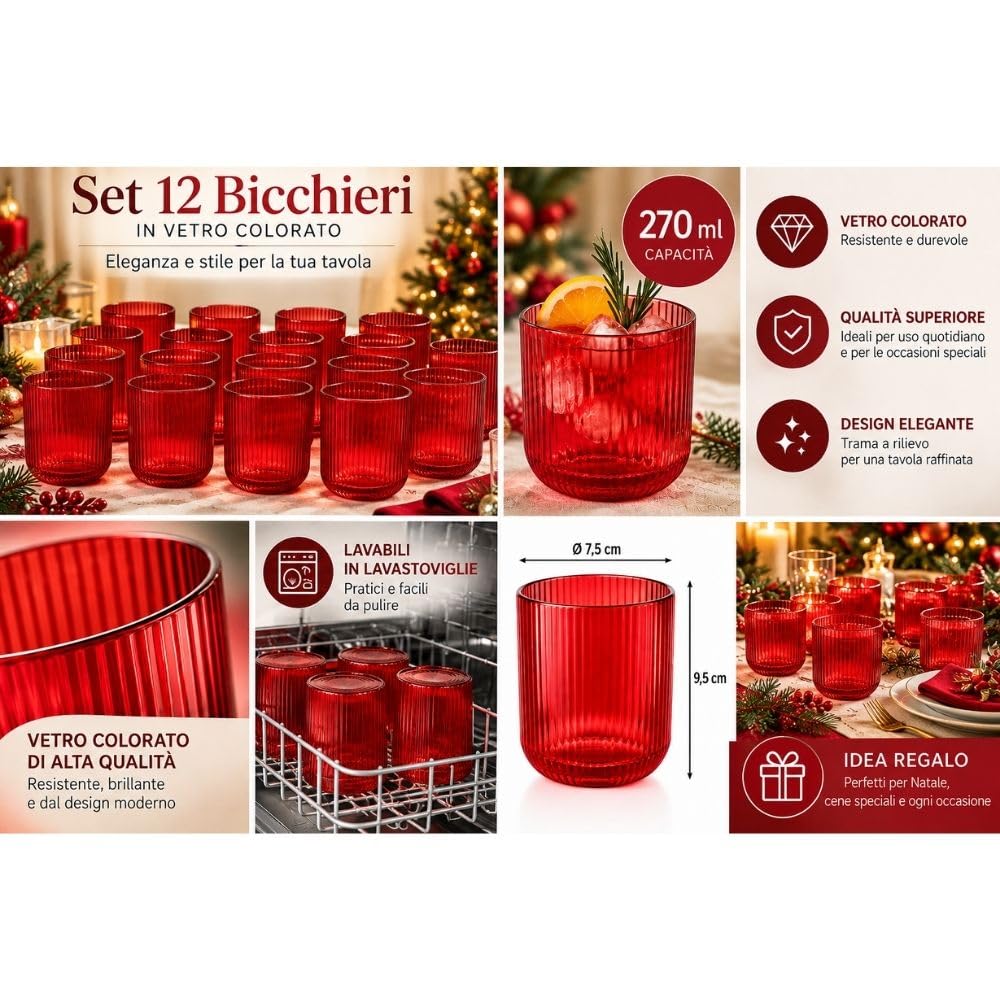 Cecaro Group set bicchieri rossi rigati vetro 270 ml 12 pezzi
