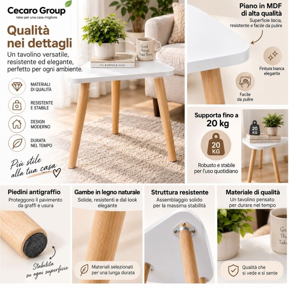 Cecaro Group tavolino triangolare bianco 44x38x39 cm 20 kg