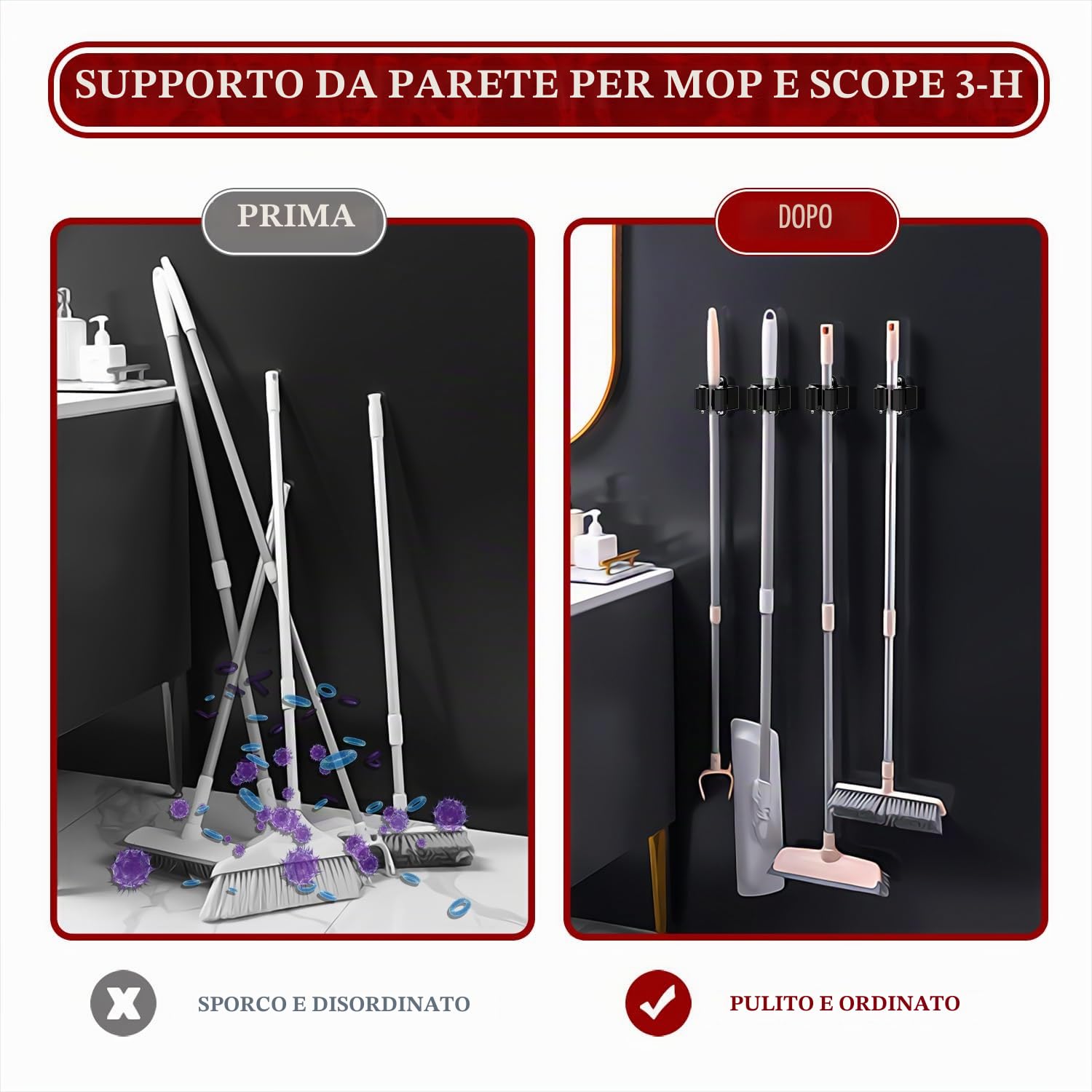 3-H portascope da muro 12 pezzi nero acciaio inox 5 kg