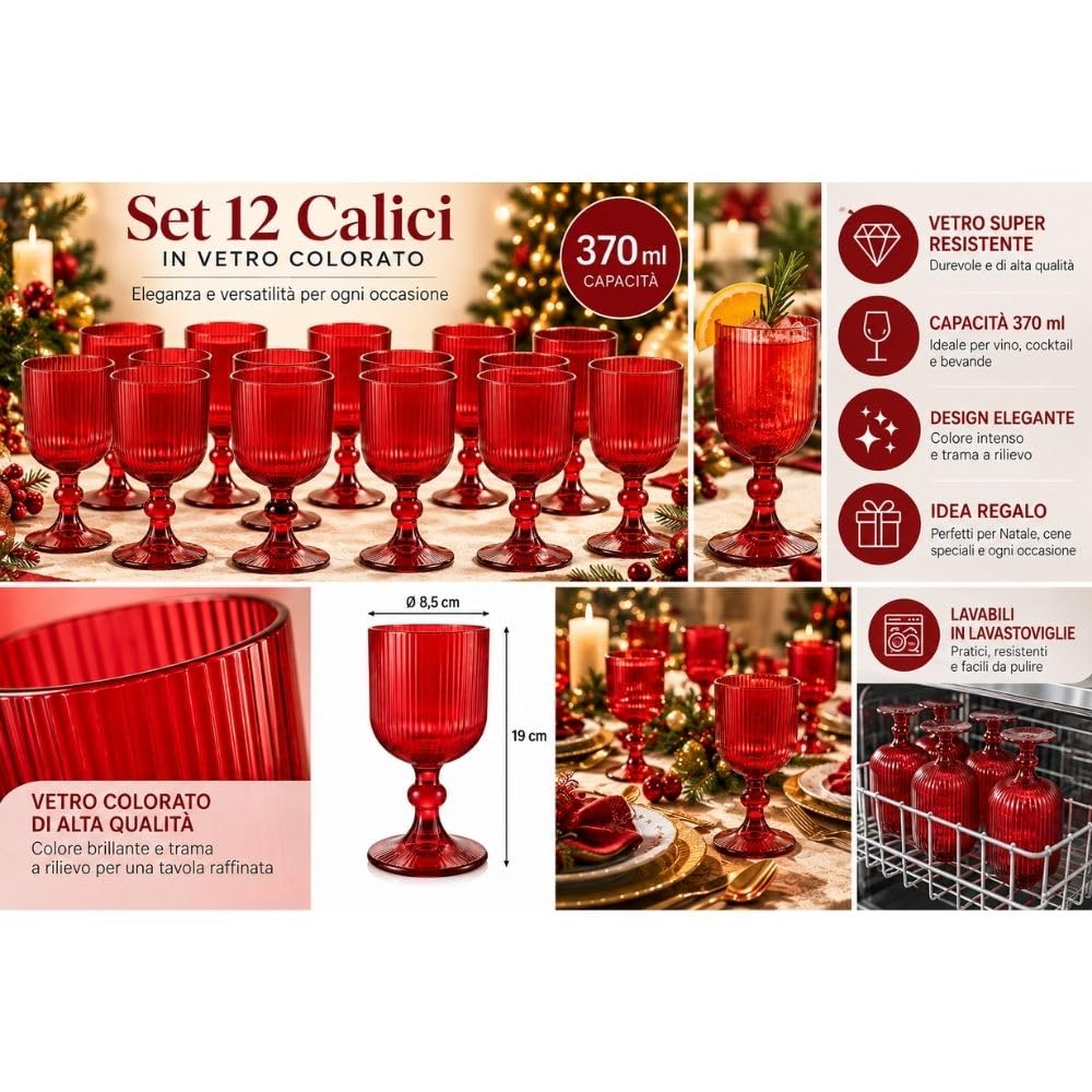 Cecaro Group set calici rossi rigati vetro 370 ml 12 pezzi