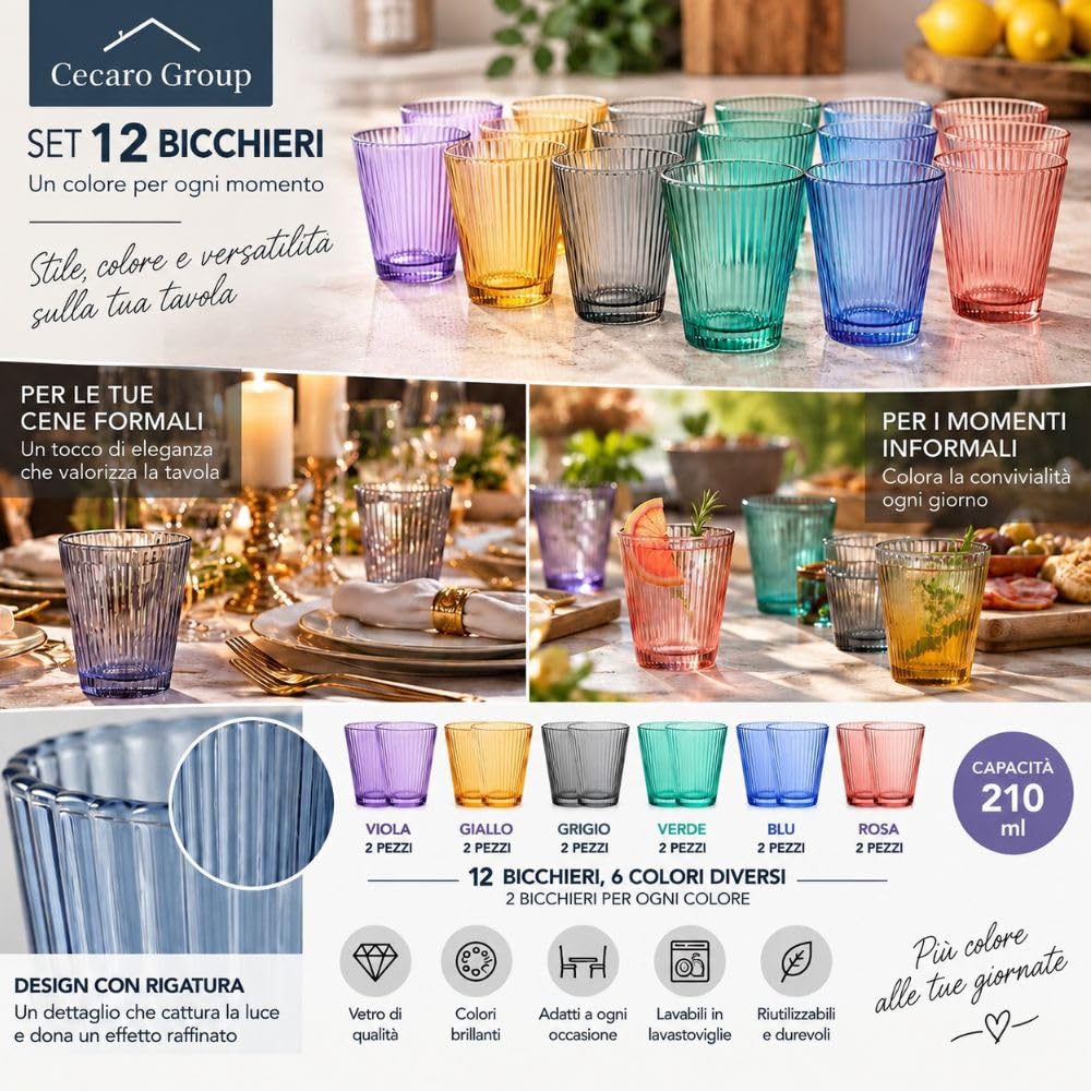 Cecaro Group Serie Color set 12 bicchieri vetro 210 ml rigati