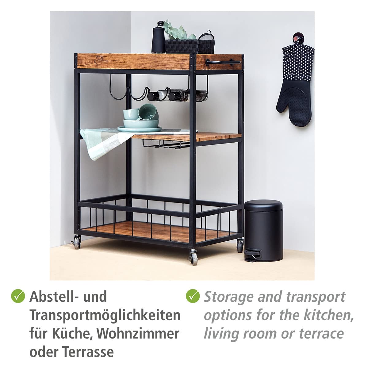 Wenko Rustico carrello cucina nero marrone 3 ripiani 80 cm