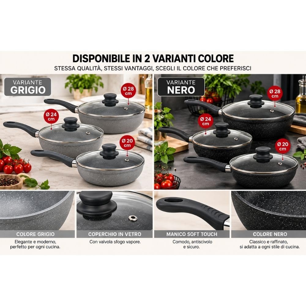 Cecaro Group set 3 padelle antiaderenti 20 24 28 cm nero