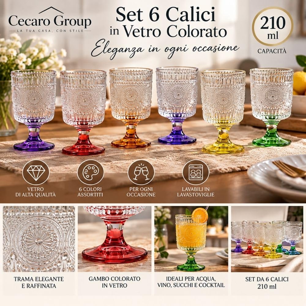 Cecaro Group Set 6 Calici Colorati 210 ml in vetro con gambo