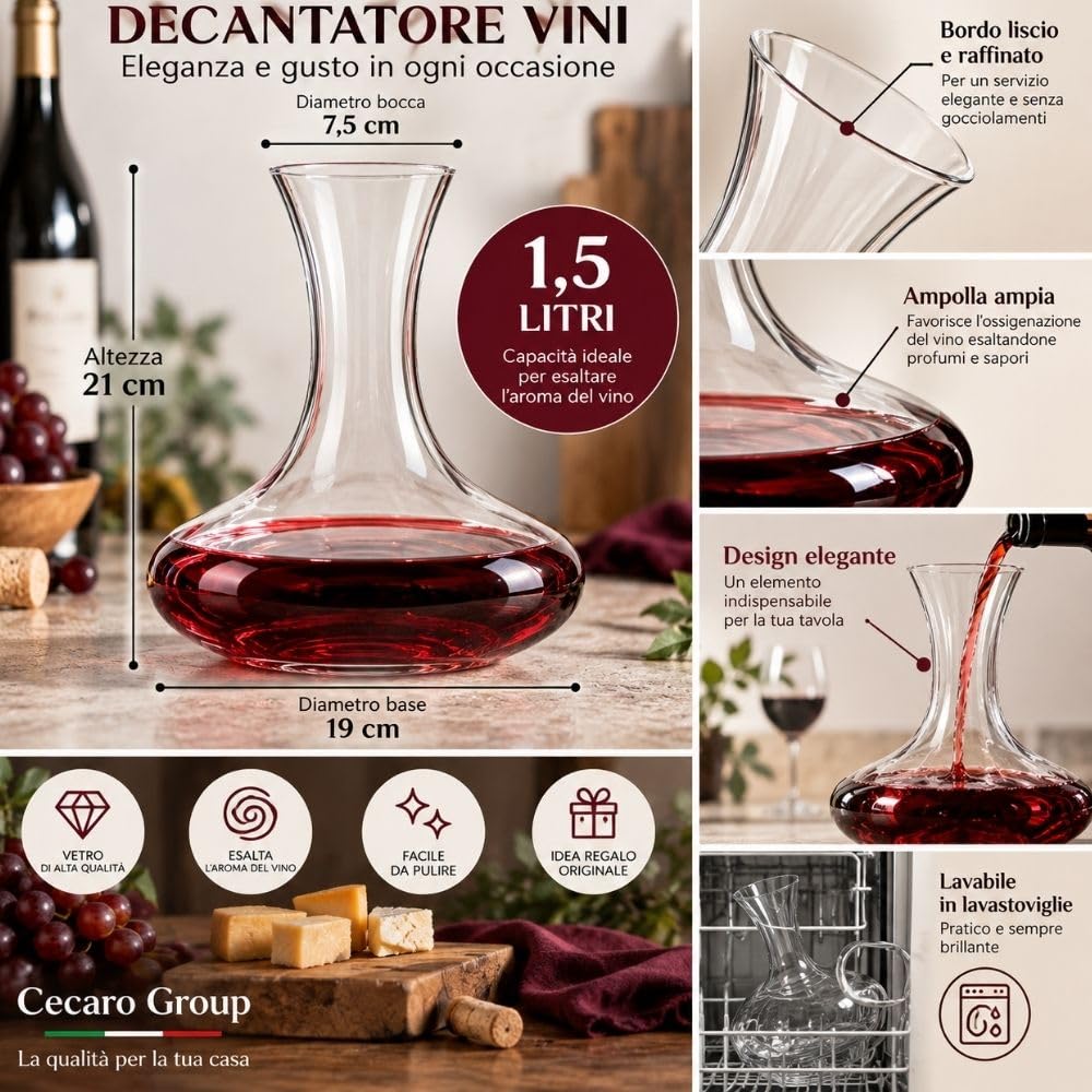 Cecaro Group Decanter Vino 1,5 L in vetro con collo slanciato