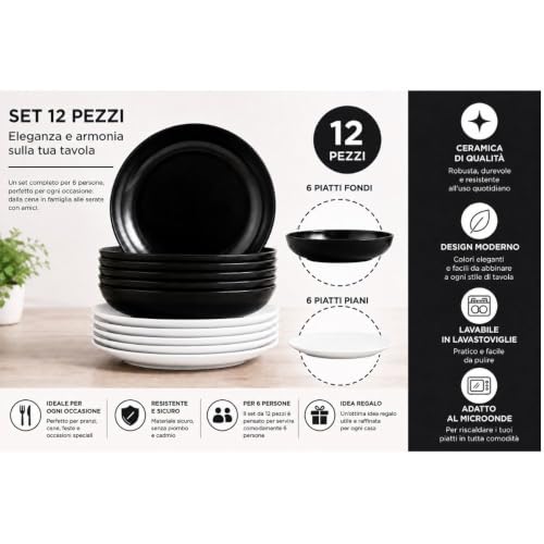 Cecaro Group Servizio Piatti 12 Pezzi Bianco Nero