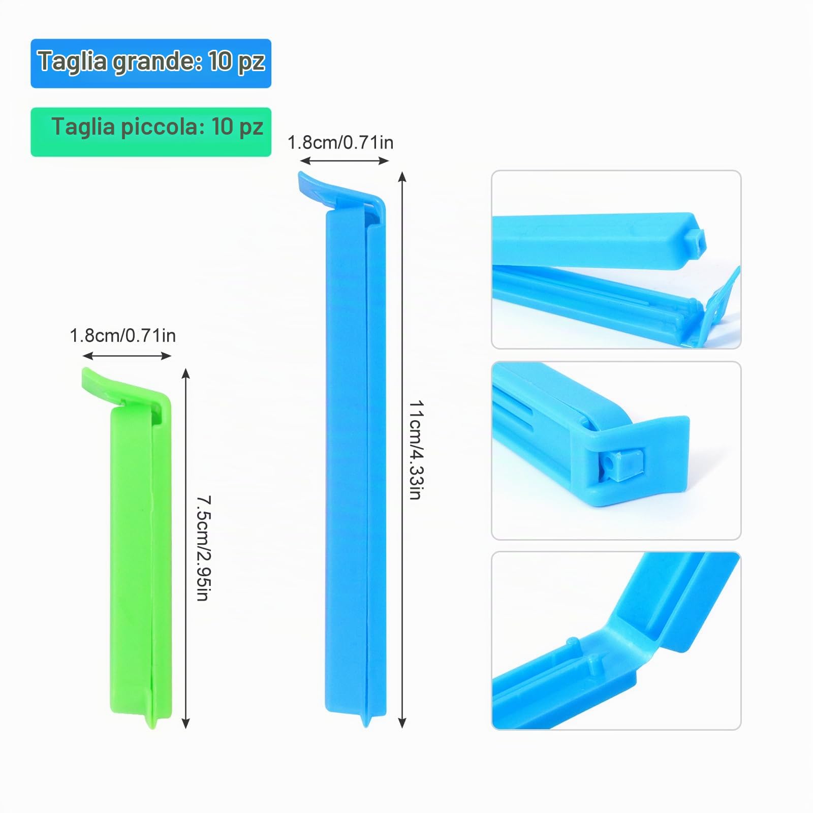 Quelcc Chiudi Sacchetti clip plastica 20 pezzi 5 colori 7,5/11 cm