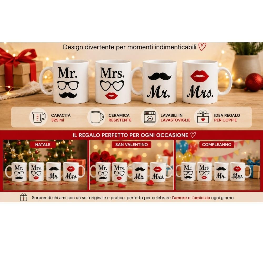 Cecaro Group Set 2 Mug Mr Mrs 325 ml Ceramica Baffo Bocca
