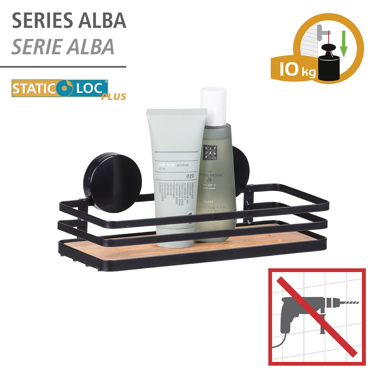 Wenko Alba Static-Loc Plus mensola bagno nero bambù 26,5 cm
