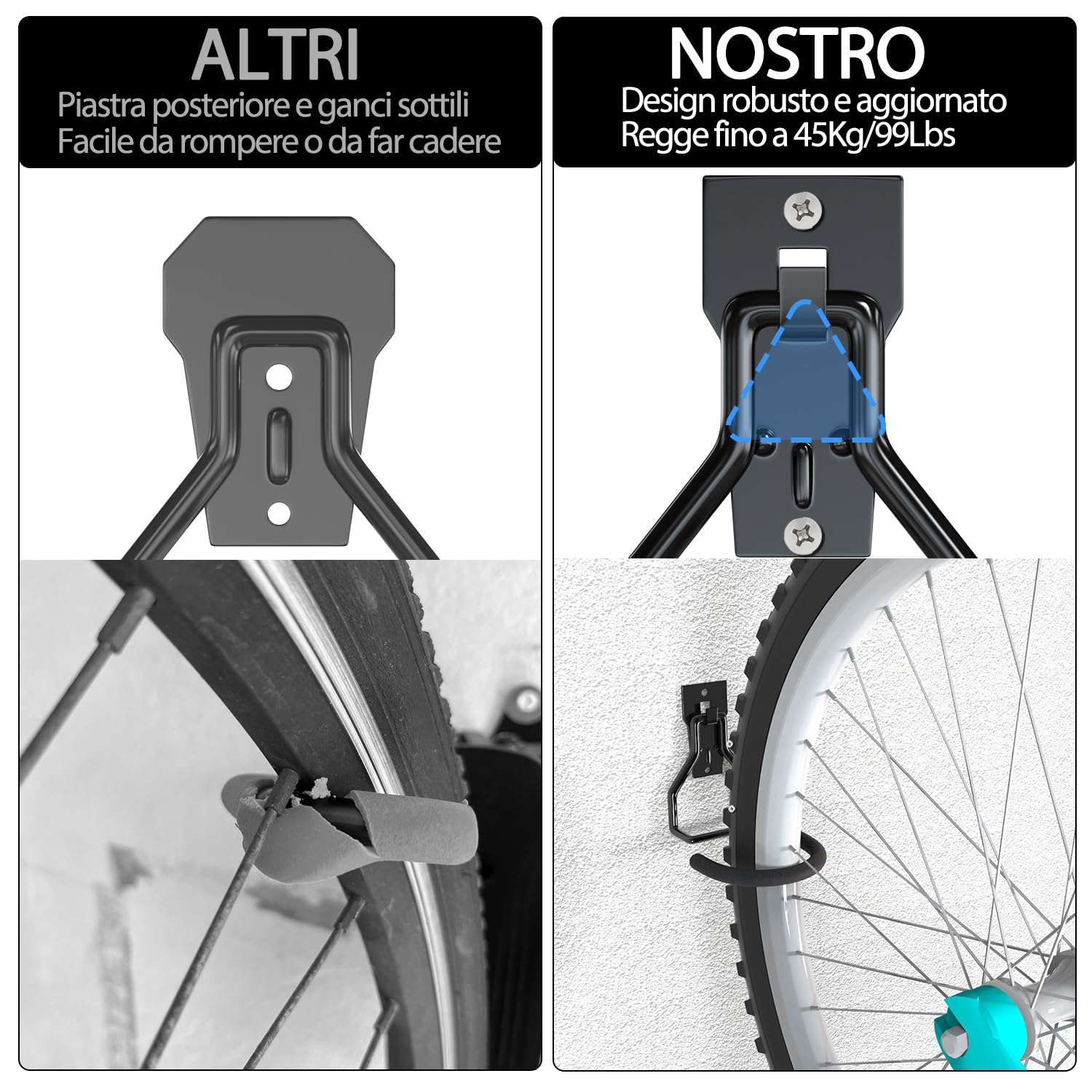 3-H gancio bici da muro acciaio 45 kg 8 pezzi