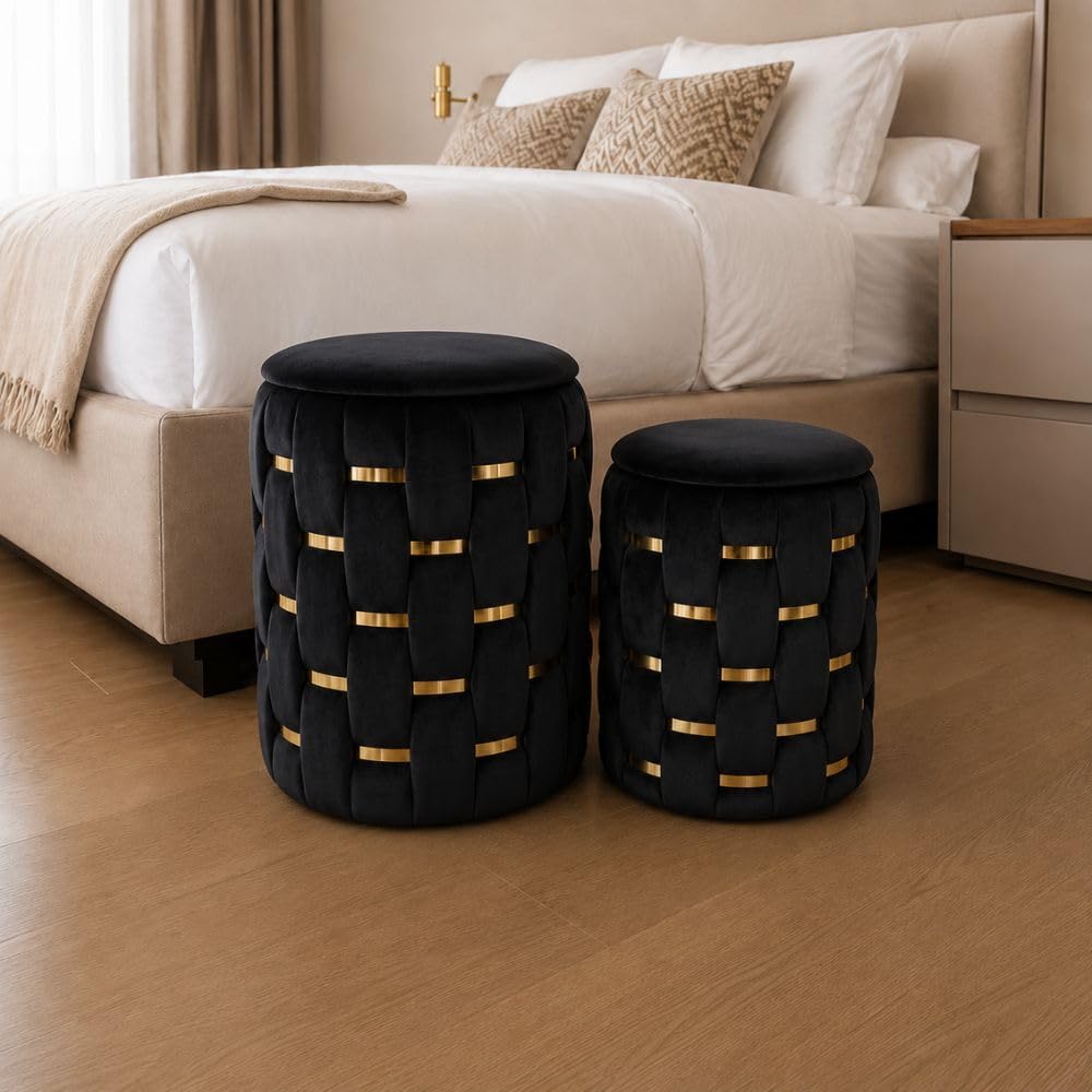 Cecaro Group Set 2 Pouf Contenitore Velluto Nero Salvaspazio