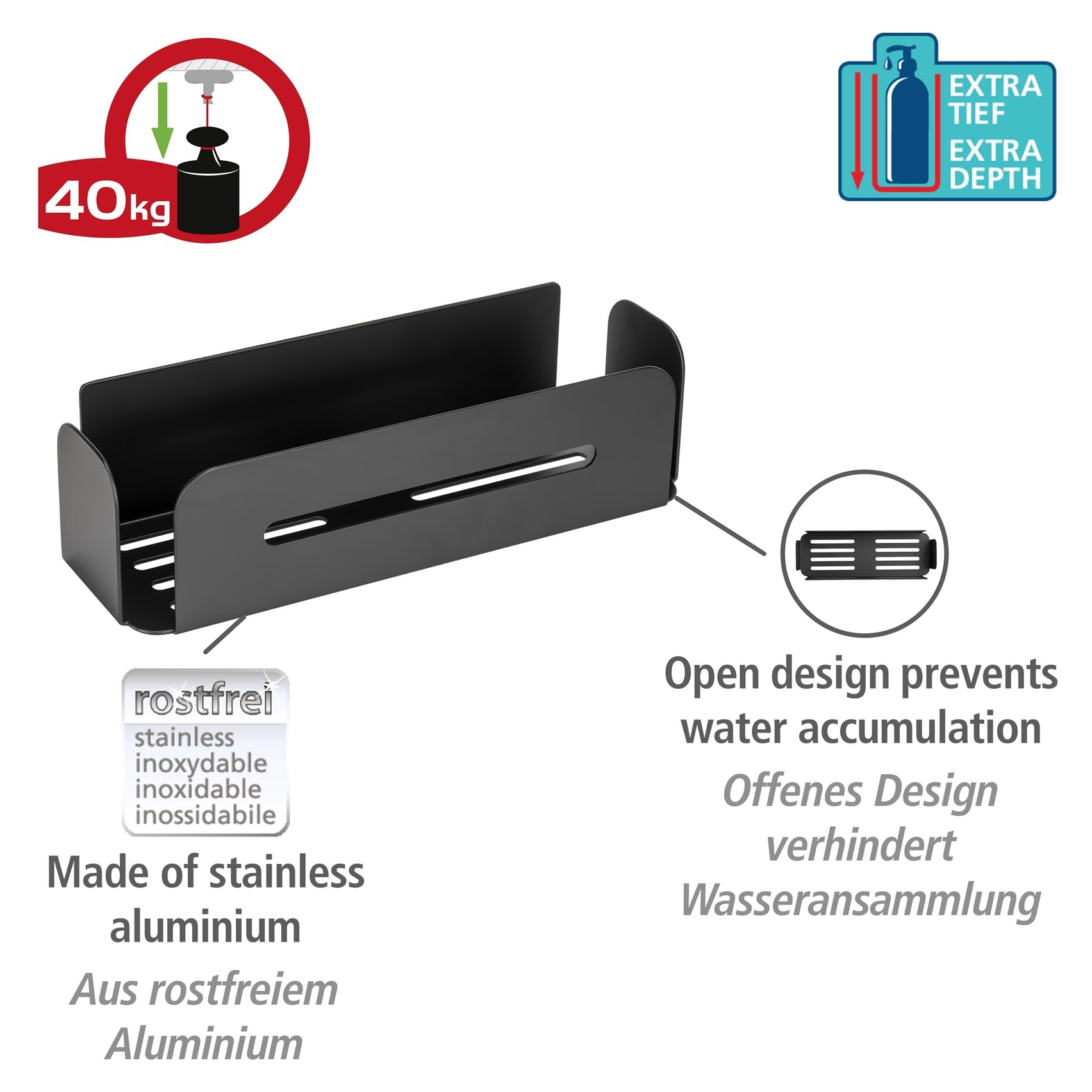Wenko Turbo-Loc Bivio Mensola Doccia Nera 30 cm Alluminio