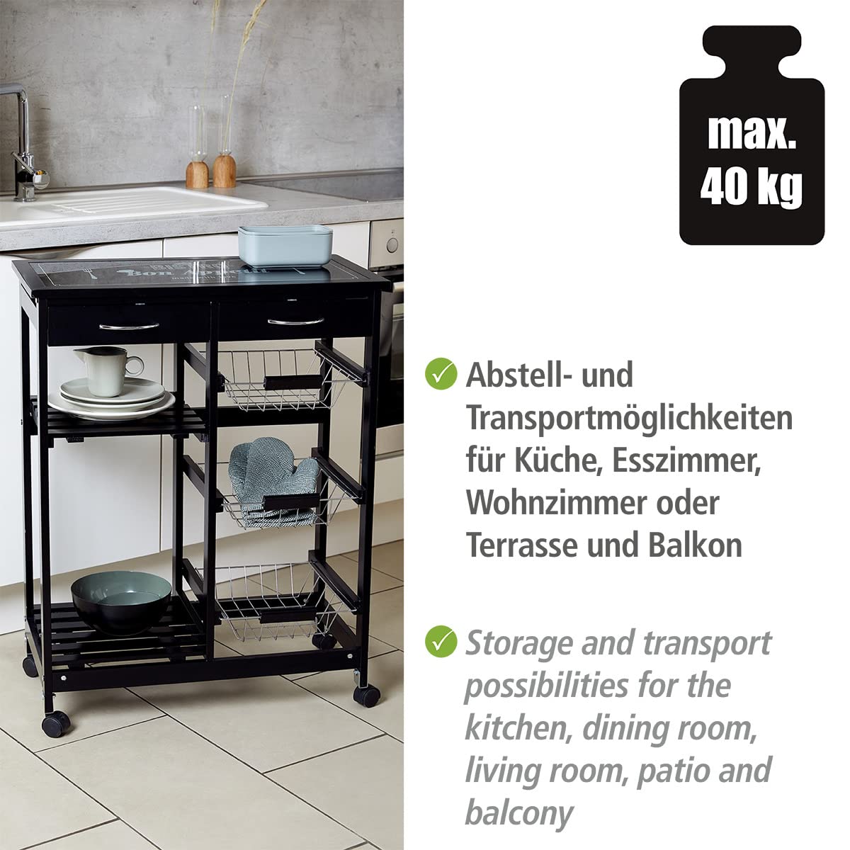 Wenko Bon Appetit Carrello Cucina nero 67x86,5x35 cm