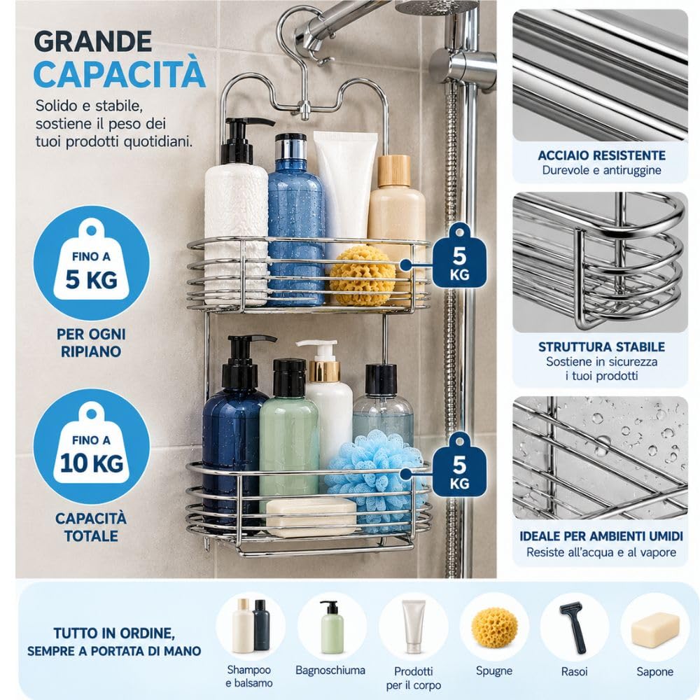 Cecaro Group Portaoggetti Doccia Acciaio 35x17 cm 2 Ripiani