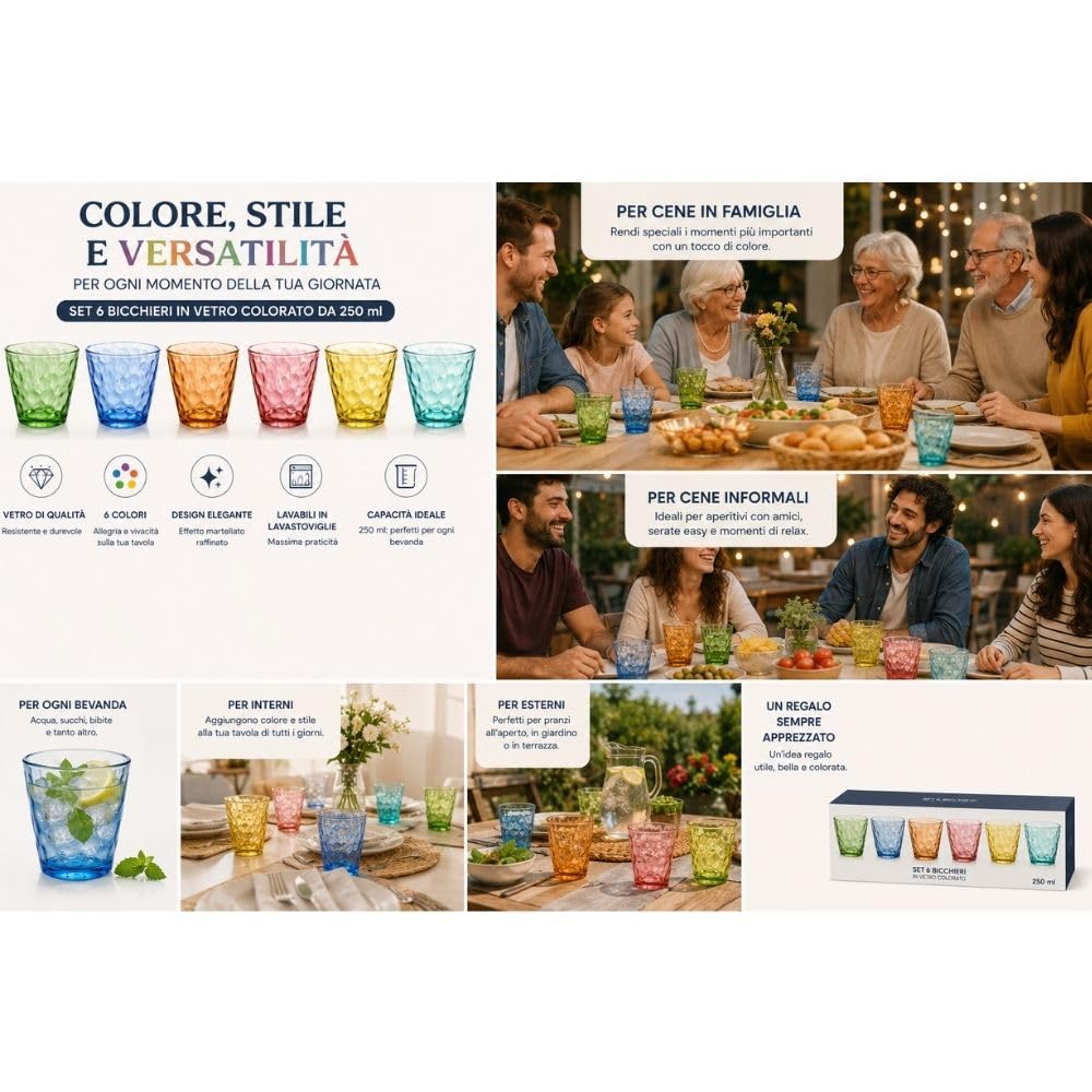 Cecaro Group Set 6 Bicchieri Vetro Colorato 250 ml Martellato