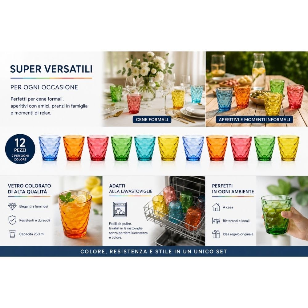 Cecaro Group Set 12 Bicchieri 250 ml Vetro Colorato 6 Colori