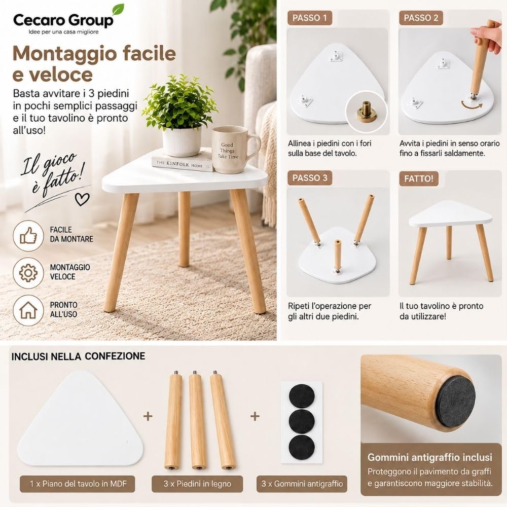 Cecaro Group tavolino triangolare bianco 44x38x39 cm 20 kg