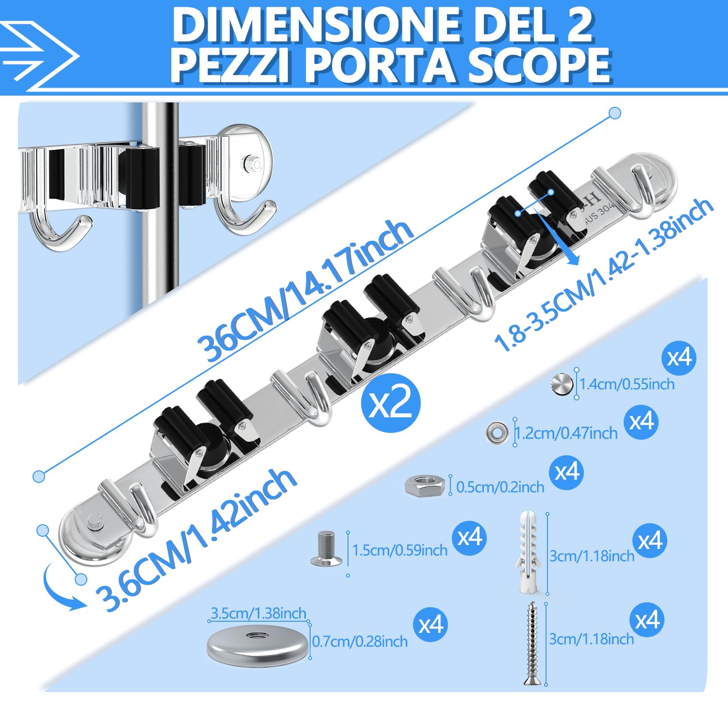 3-H Magnetico 36cm portascope muro 2 pezzi inox 20kg