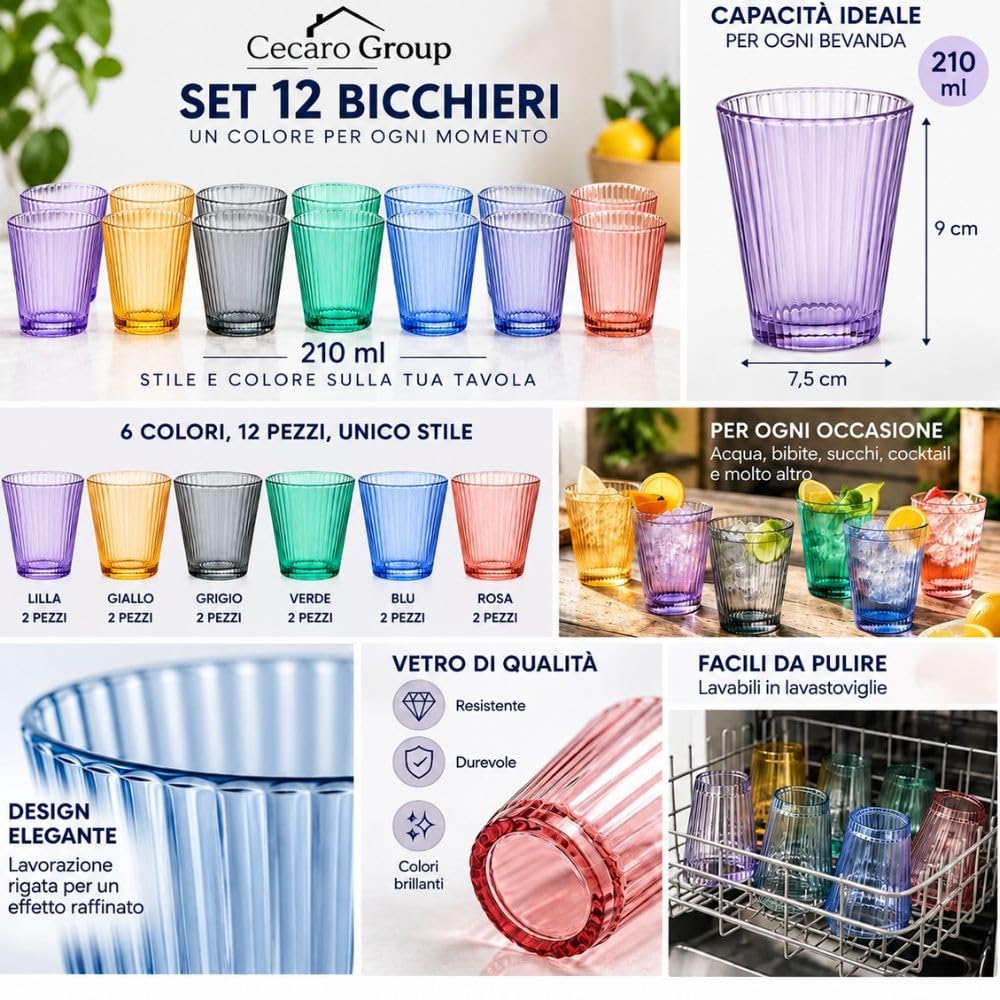 Cecaro Group Serie Color set 12 bicchieri vetro 210 ml rigati