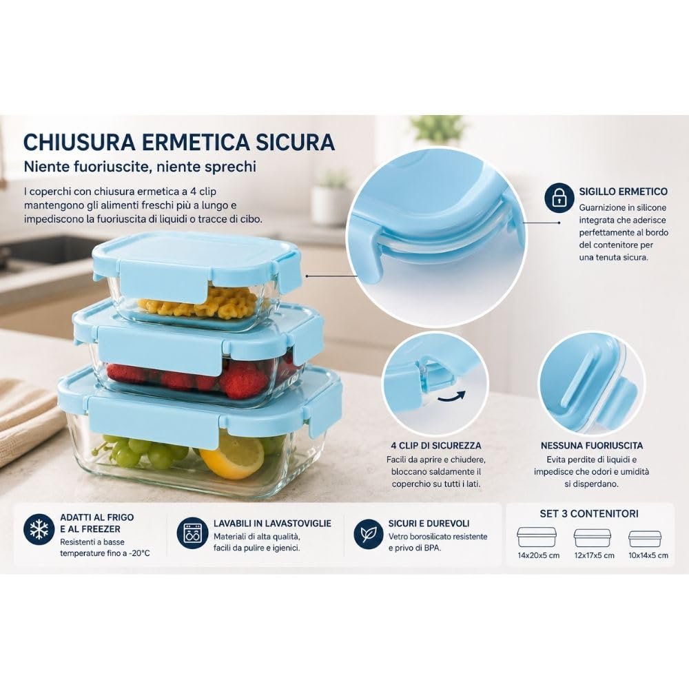 Cecaro Group Set 3 Contenitori Vetro Ermetici Rettangolari Clip
