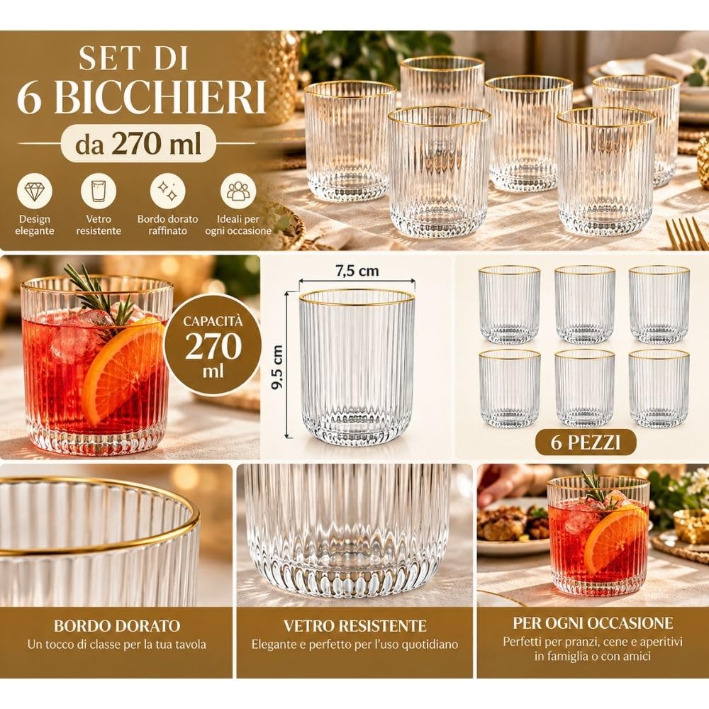 Cecaro Group Set 6 Bicchieri Bordo Oro 270 ml Vetro Rigato