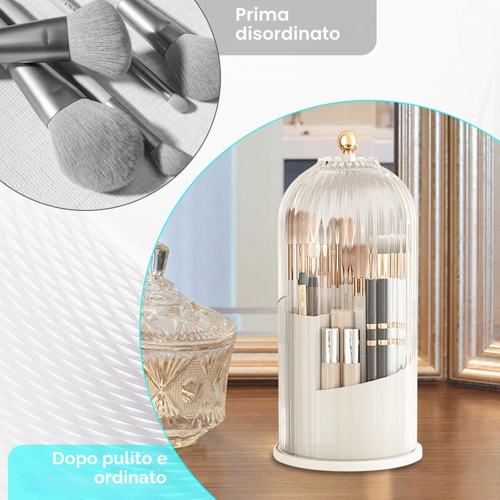 Gachiwar Porta Pennelli Trucco Girevole 360 Bianco Antipolvere