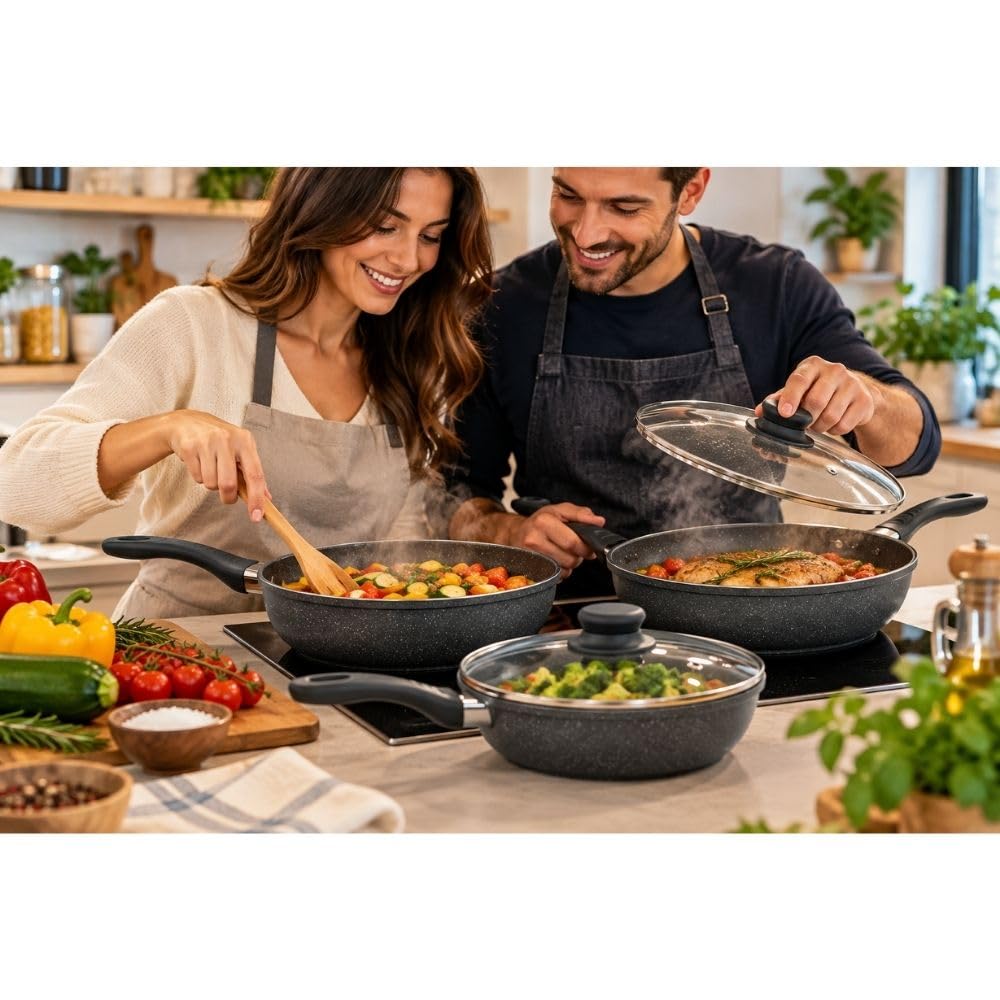 Cecaro Group set 3 padelle antiaderenti 20 24 28 cm nero