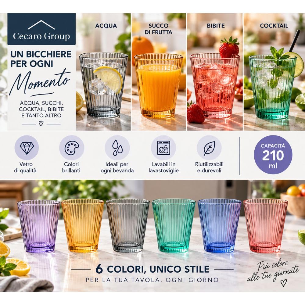 Cecaro Group Serie Color set 6 bicchieri vetro 210 ml rigati