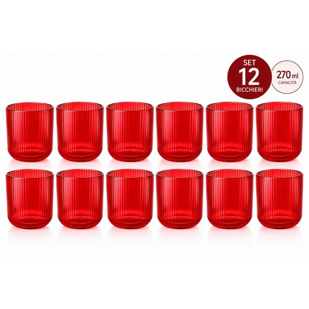 Cecaro Group set bicchieri rossi rigati vetro 270 ml 12 pezzi