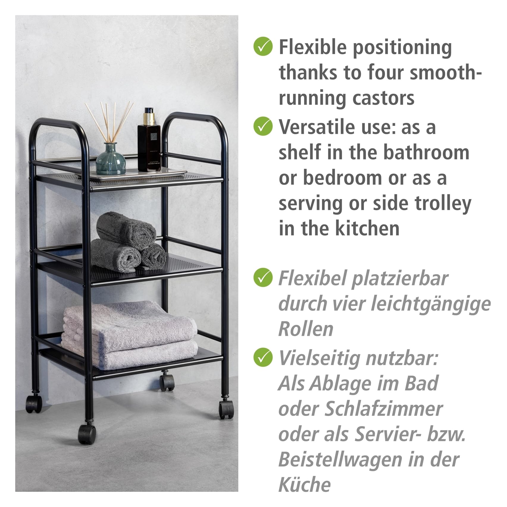 Wenko Carrello Bagno 3 Ripiani Nero Acciaio 41x75 cm